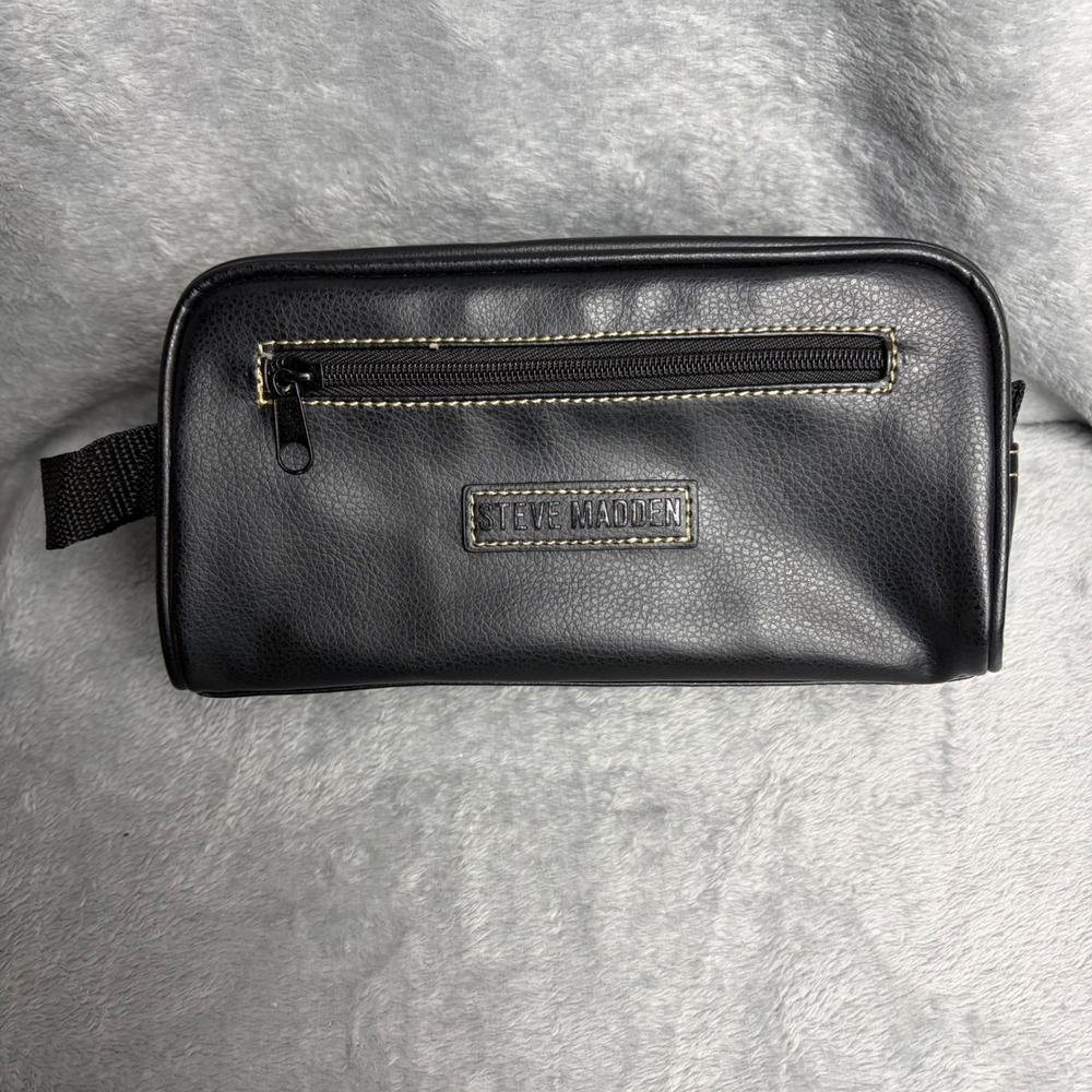 Steve Madden Mens Black Faux Leather Toiletry Bag Travel Dopp Kit Zip Case